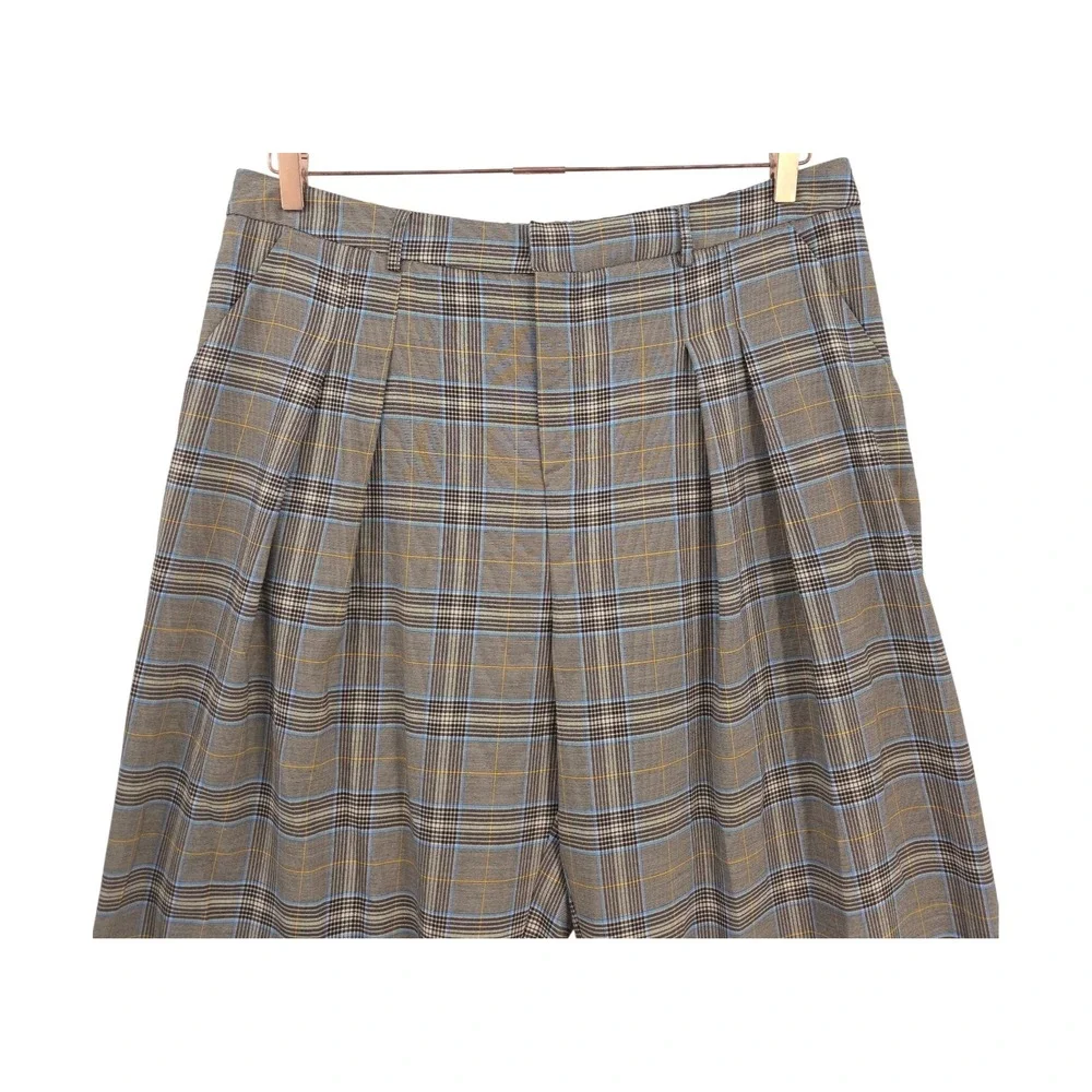 Anthropologie Maeve Womens XL Brown Plaid Pleated Wide Leg Trousers